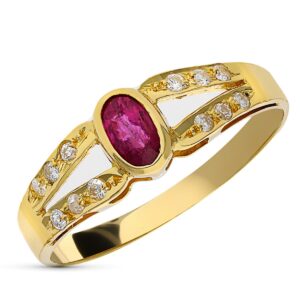 18K SORTIJA ORO AMARILLO DIAMANTES TALLA 0.12 QTS Y RUBI OVAL.