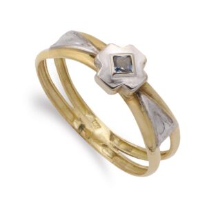 18K SORTIJA OR BICOLOR DOBLE CUERPO CON CRUZ Y CIRCONITA AGUAMARINA. ANCHO: 6,5 MM