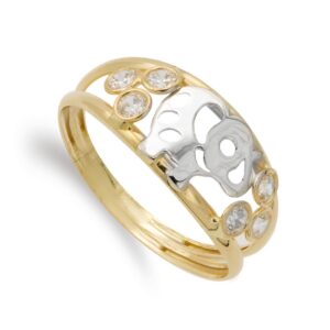 18K SORTIJA OR BICOLOR DOBLE CUERPO ELEFANTE CALADO Y CIRCONITAS. ANCHO: 7 MM