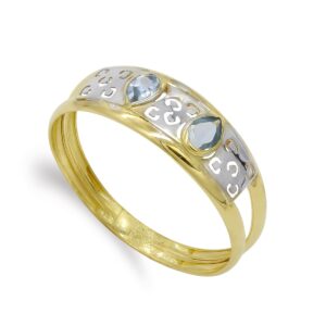 18K SORTIJA OR BICOLOR DOBLE CUERPO MOTIVO CALADO Y CIRCONITA AGUAMARINA. ANCHO: 7 MM