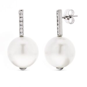 18K PENDIENTES ORO BLANCO LARGOS PERLA 14 MM Y CIRCONITA CIERRE PRESION