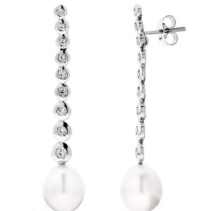 18K PENDIENTES ORO BLANCO LARGOS PERLA PERA Y CIRCONITA CIERRE PRESION