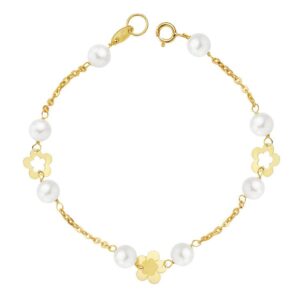 18K PULSERA ORO AMARILLO PERLA Y FLORES 17CM