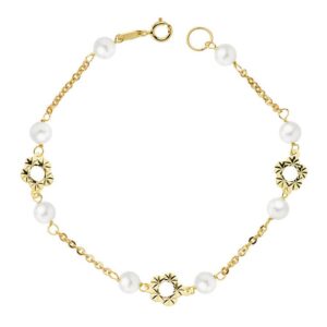 18K PULSERA ORO AMARILLO FLOR Y PERLAS 5 MM 18CM