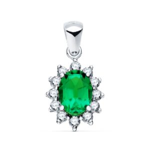 18K COLGANTE ORO BLANCO ESMERALDA 0.75 QT. 12 DIAMANTES 0.35 QTS. SI-H. 13X11MM