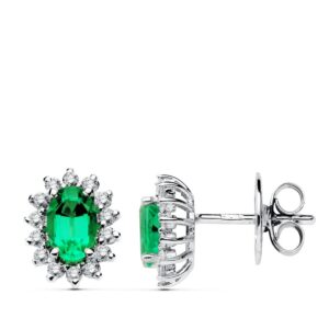 18K PENDIENTES ORO BLANCO ESMERALDA 0.78 QTS. DIAMANTES 0.28 QTS. SI-H CIERRE PRESION