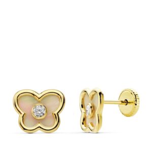 18K PENDIENTES ORO AMARILLO MARIPOSA CON NACAR 8X7 MM. CIERRE TUERCA