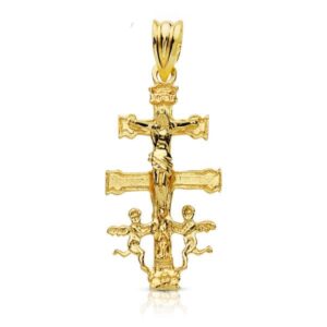 9K CRUZ ORO AMARILLO CARAVACA CON CRISTO. MEDIDA: 28 X 14 MM