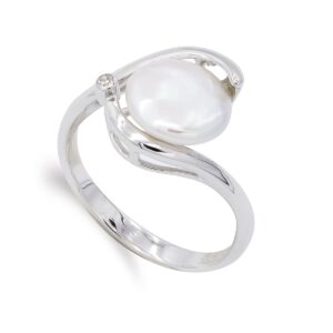 18K SORTIJA ORO BLANCO Y PERLA BOTON 9 MM