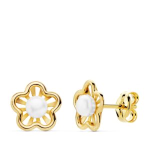 18K PENDIENTES ORO AMARILLO FLOR 8X7 MM PERLAS 3MM CIERRE PRESION