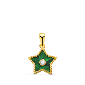 18K COLGANTE ORO AMARILLO ESTRELLA CERCO BOLITAS Y MALAQUITA CON CIRCONITA 12X11 MM.