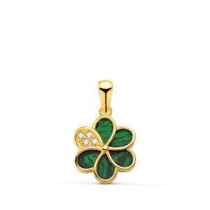 18K COLGANTE ORO AMARILLO FLOR PETALOS MALAQUITA Y CIRCONITA 10X10 MM.