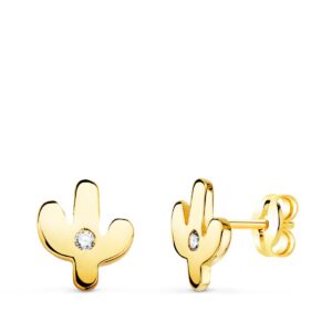18K PENDIENTES ORO AMARILLO CACTUS MINI CON CIRCONITA 6X5 MM CIERRE PRESION