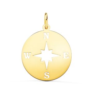 18K COLGANTE ORO AMARILLO ROSA DE LOS VIENTOS BRILLO Y CALADA 18 MM