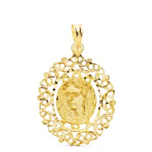 18K MEDALLA ORO AMARILLO VIRGEN DE LA MACARENA CERCO FILIGRANA 28X21 MM