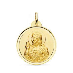 18K MEDALLA ORO AMARILLO CRISTO SAGRADO CORAZON DE JESUS BISEL 26 MM