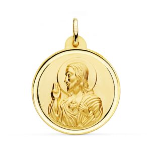 18K MEDALLA ORO AMARILLO CRISTO SAGRADO CORAZON DE JESUS BISEL 28 MM