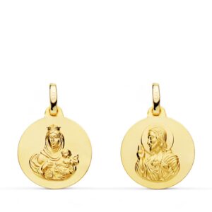 18K ESCAPULARIO ORO AMARILLO LISO VIRGEN DEL CARMEN CORAZON DE JESUS 16 MM