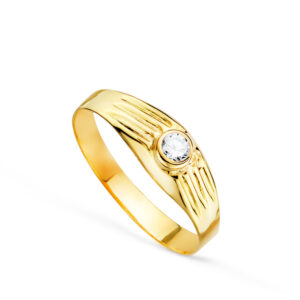18K SOLITARIO ORO AMARILLO HUECO DE BEBE O MEÑIQUE CIRCONITA BLANCA 3MM LATERAL GALLONEADO