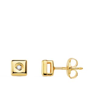 18K PENDIENTES CHATON ORO AMARILLO CUADRADO DIAMANTES 0.030 QTS.G-VS2 CIERRE PRESION