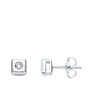 18K PENDIENTES CHATON ORO BLANCO CUADRADO DIAMANTES 0.030 QTS. G-VS2 CIERRE PRESION