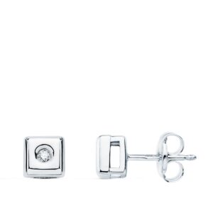 18K PENDIENTES CHATON CUADRADO ORO BLANCO DIAMANTES 0.040 QTS. G-VS2 CIERRE PRESION