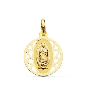 18K MEDALLA ORO AMARILLO VIRGEN GUADALUPE CERCO REDONDO 16 MM
