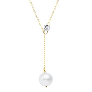 18K COLLAR ORO BICOLOR PERLA 12 MM CADENA 45CM CHATON DIAMANTE 0.020 QTS G-VS2