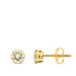 18K PENDIENTES ORO AMARILLO CHATON 14 DIAMANTES 0.254 QTES VS2-G. 5 X 5 MM. PRESION