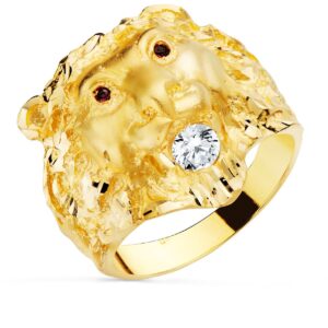 18K SELLO ORO AMARILLO CABEZA DE LEON CON CIRCONITA Y OJOS RUBI ANCHO 23 MM