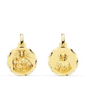 18K ESCAPULARIO ORO AMARILLO CORAZON DE JESUS Y VIRGEN DEL CARMEN ORO AMARILLO TALLADO 16 MM
