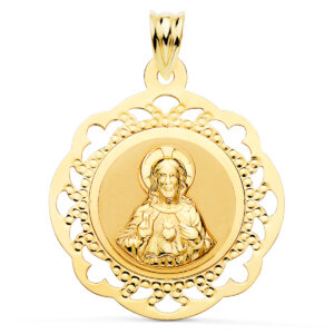 18K ESCAPULARIO ORO AMARILLO VIRGEN DEL CARMEN Y CORAZON DE JESUS CALADO BRILLO 31 X 27 MM