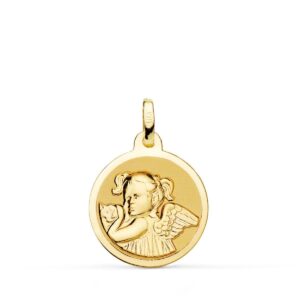 18K MEDALLA ANGEL NIÑA REVOLTOSA ORO AMARILLO BRILLO 16 MM