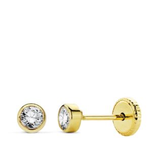 18K PENDIENTES ORO AMARILLO CHATON CIRCONITA REDONDOS TUERCA 3 MM