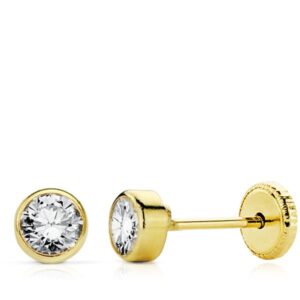 18K PENDIENTES ORO AMARILLO CHATON CIRCONITA REDONDOS 4 MM TUERCA