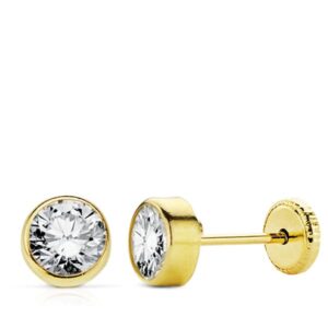 18K PENDIENTES ORO AMARILLO CHATON CIRCONITA REDONDOS 5 MM TUERCA