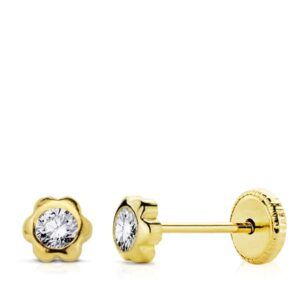 18K PENDIENTES ORO AMARILLO CHATON MARGARITA CIRCONITA 4 MM CIERRE TUERCA