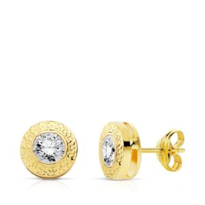 18K PENDIENTES ORO AMARILLO CHATON REDONDOS 7 MM CON GRECA Y CIRCONITA CIERRE PRESION