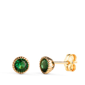 Pendientes redondos de oro amarillo 18k con piedra verde y borde de bolitas
