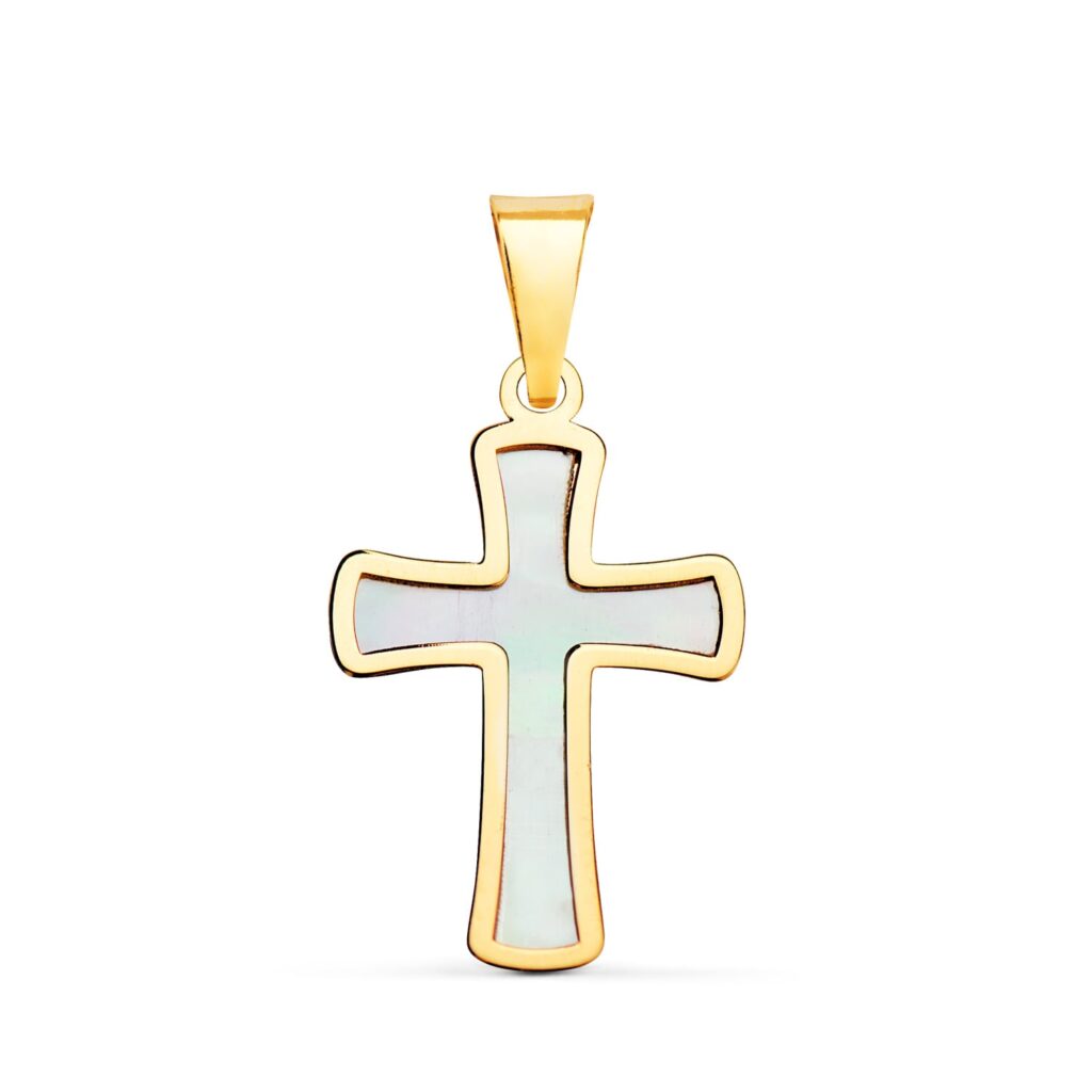 18K CRUZ ORO AMARILLO CON NACAR 18 X 12 MM
