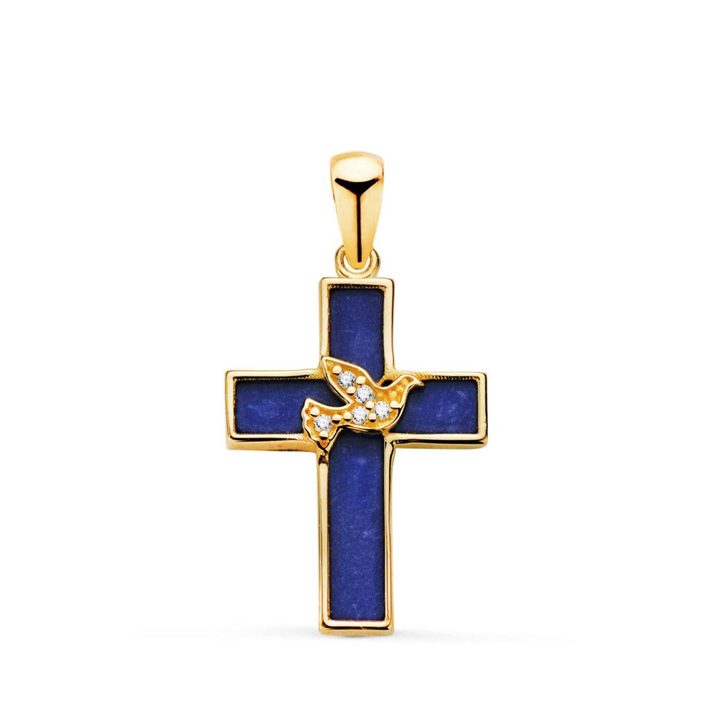 18K CRUZ ORO AMARILLO LAPIZLAZULI Y PAJARO CON CIRCONITAS