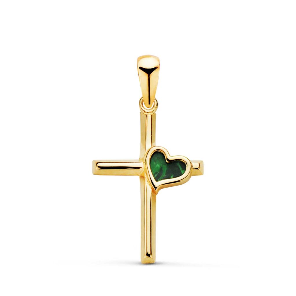 CRUZ ORO AMARILLO CON CORAZON DE MALAQUITA
